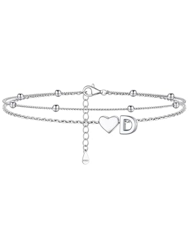 Image of PROSILVER Ankle Bracelets for Women S925 Sterling Silver Anklets for Women Waterproof, Dainty Layered Heart Anklet, Beach Initial Anklet for Summer, Letter A-Z