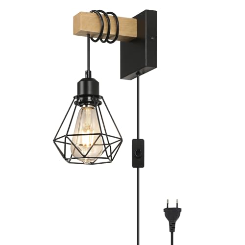 Lámpara de pared interior negra industrial con interruptor integrado y base de madera 1