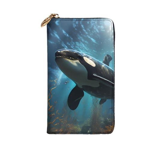 Leather Wallet 7.48 x 4.13 in - Stylish and Durable Wallet for Women with Multiple Compartments and Zipper Design Huge killer whales Pattern2