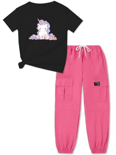 Image of ARTMINE Girls' 2 Piece Outfits Casual Drawstring Jogger Pants and Basic Short Sleeve Top Set, 6-14 Years