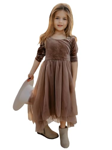Boho Long Sleeve Girls Velvet Dress Crewneck Tulle Birthday Christmas Party Fall Dress for Girls
