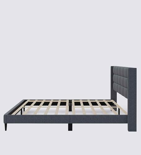 Image of Mintwud Pepperfry Woodlyn Upholstered Queen Size Bed Without Storage | Wooden Double Bed with Tufted Headboard for Bedroom Living Room Home and Hotel (Dark Grey)