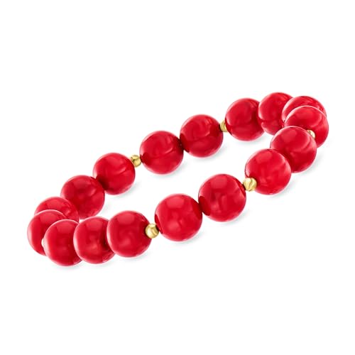 Ross-Simons 10mm Red Coral Bead Stretch Bracelet With 14kt Yellow Gold. 7 inches
