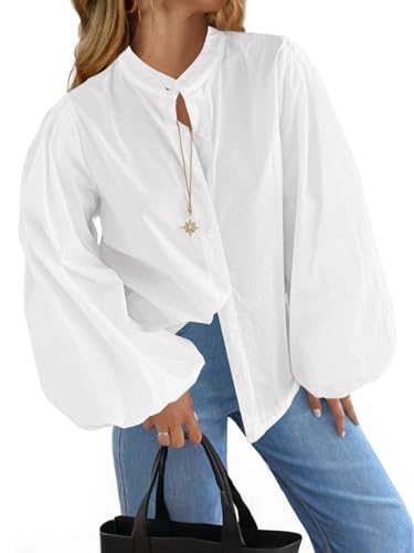 Tankaneo Womens Lantern Sleeve Button Down Shirts Oversized Mock Neck Blouse Trendy Casual Loose Fit Cotton Tops