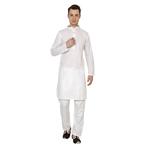 Image of Royal Kurta Men's Lucknowi Chikan Embroidered 100% Cotton Comfortable Kurta Churidar Pyjama Set
