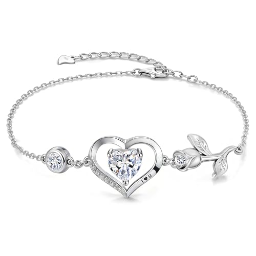 Image of 1CT Rose Heart Bracelet Moissanite Lab-Grown Sapphire Ruby Emerald&More 18K White Rose Gold Plated Anniversary Birthday Gift for Wife Girlfriend Mom Daughter Mothers Day Gift for Mom