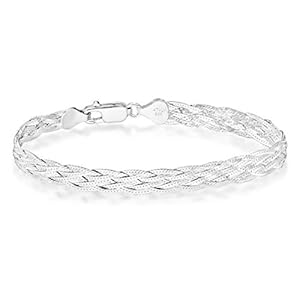 Miabella 925 Sterling Silver Italian 6-Strand Diamond-Cut 7mm Braided Herringbone Chain Bracelet for Women Teen Girls, 925 Italy (Length 7.25 Inches)