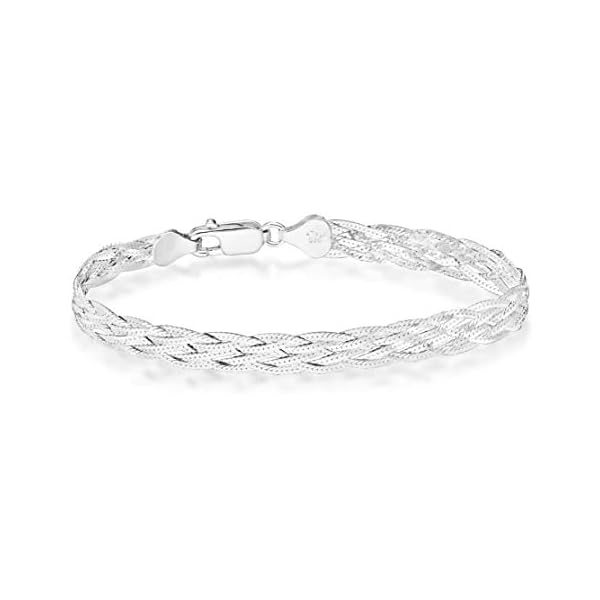Miabella 925 Sterling Silver Italian 6-Strand Diamond-Cut 7mm Braided Herringbone Chain Bracelet for Women Teen Girls, 925 Italy (Length 7.25 Inches)