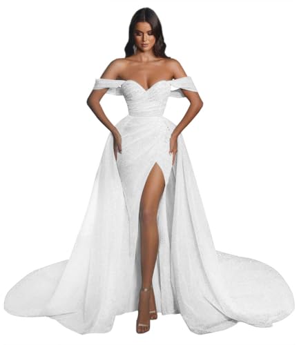 Women's Off The Shoulder Prom Dresses Long Ball Gown with Tran Sparkly Sequins Mermaid Formal Evening Gown