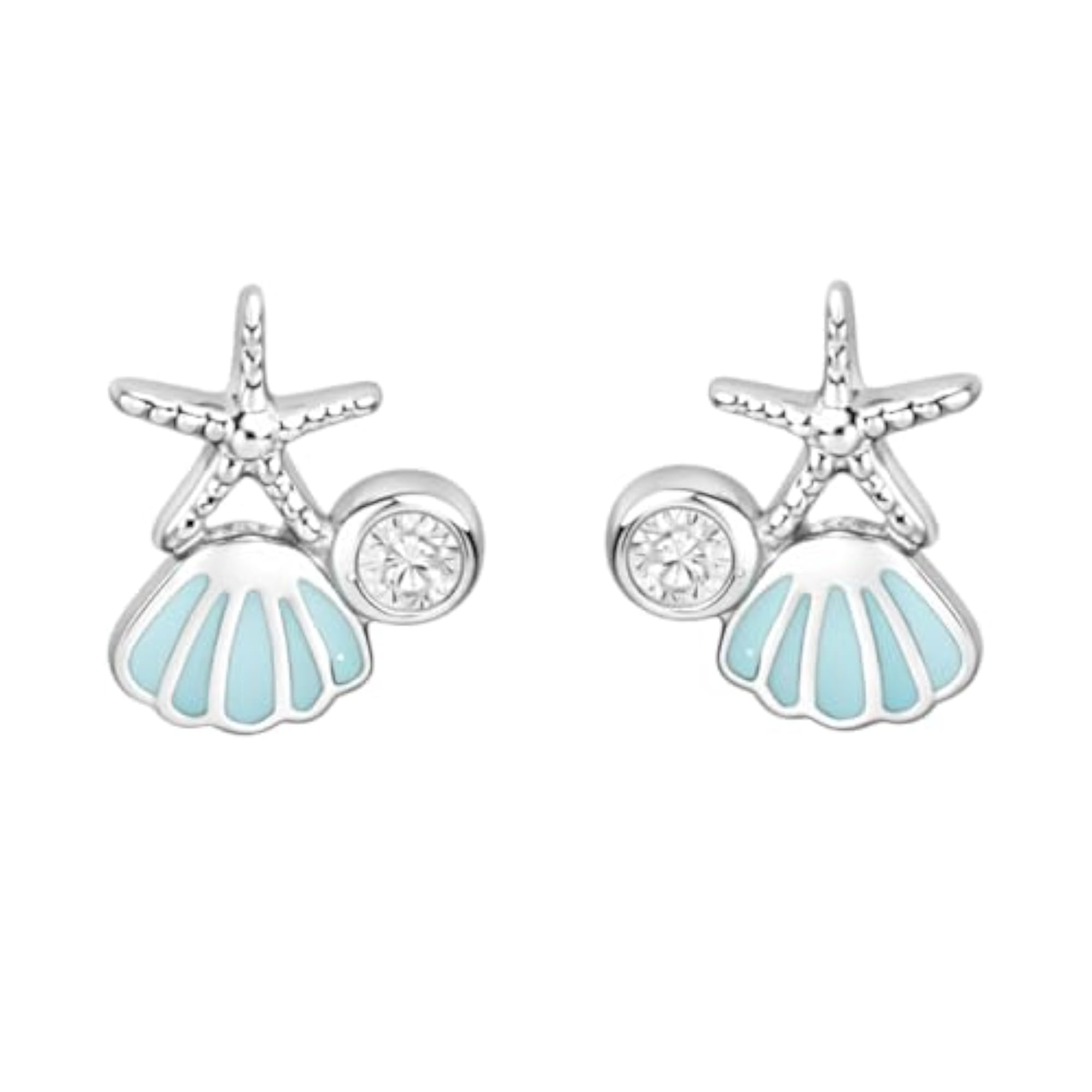Women's 925 Sterling Silver Starfish Shell Earrings with Blue Enamel