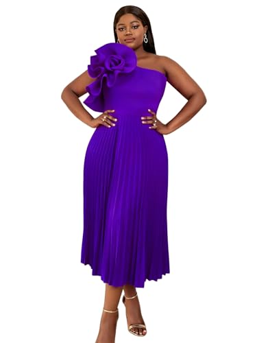 Image of AOMEI Women's One Shoulder 3D Flower Sleeveless High Waist Pleated A Line Long Dress Party Summer