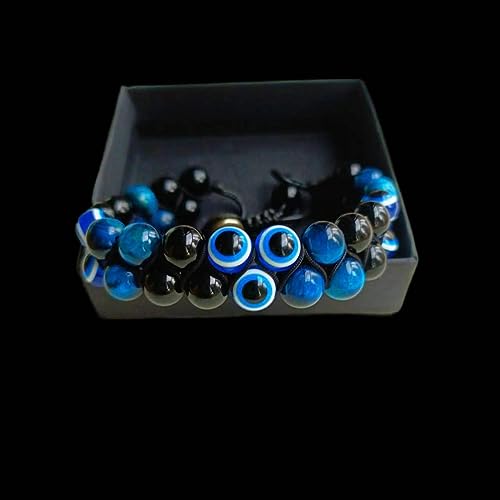 Image of Evil Eye Bracelet for Men Women - Triple Protection Bracelet - Tiger Eye and Black Obsidian Chakra Energy Healing Bracelet - 8mm Beads Good Luck Prosperity and Happiness Crystal Jewelry Stone