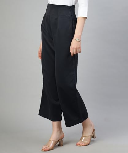 Image of Women's Straight Fit High Rise Pleated Parallel Cropped Length Solid Cotton Blend Trousers with Side Chain