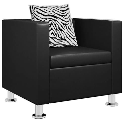 SKTQYQO Sillón negro de piel sintética en forma de cubo con cojín, piel artificial de alta calidad, duradero y fácil de limpiar, diseño moderno y líneas simples, para salón u oficina, amplio