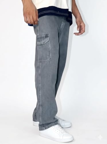 Image of Men's Grey Cargo Denim Jeans, 6 Pocket Straight Fit, Casual Wear