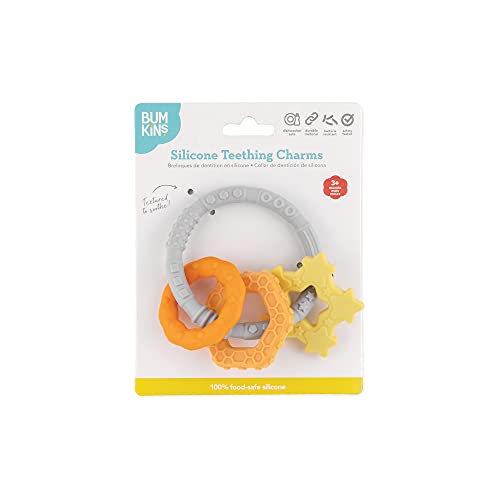 Image of Bumkins Baby Teething Freezer Toy Keys Rings, Soft Flexible Pacifier to Chew, Cool Teether Gum Relief, Babies 3 Months, Freezable Platinum Silicone, Sensory Bracelet with Charms, Orange and Gray