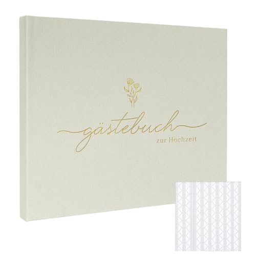Topzora Libro de visitas de lino para boda, 100 páginas de papel premium, 50 en blanco y 50 líneas con líneas, esquinas autoadhesivas para fotos, diseño vintage con título dorado, ideal para bodas