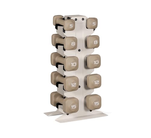 Tone Fitness 100 LB Neoprene Dumbbell Set with Storage Rack Non-Slip Anti-Roll Hand Weights for Home Gym Workouts | Light Gray Rack and Beige Dumbbells