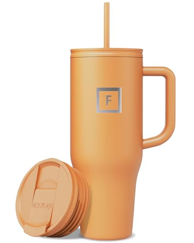 Image of IRON FLASK 40 oz Co-Pilot Insulated Travel Mug | Insulated Travel Mug with Straw & Flip Cap Lids - Cup Holder Fit, Leakproof, BPA Free (Clementine)