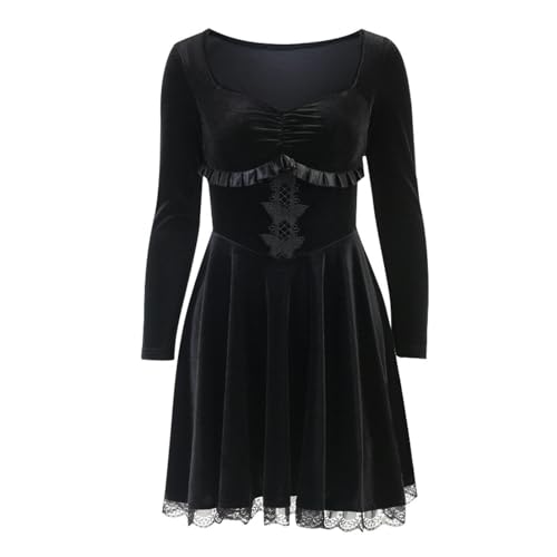 Dunkles, langärmliges Spitzenkleid mit A-Saum und besticktem Spitzenrock...