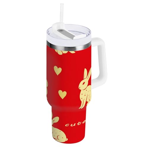 Lindo animal conejo San Valentín dibujos animados rojo oro vacío 1.18 oz vaso con tapa pajita botellas de agua para niños reutilizable café taza de viaje regalo para mujeres