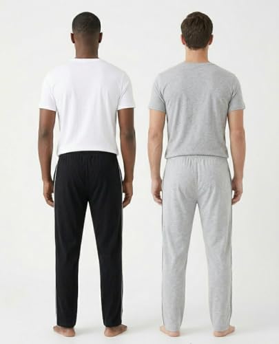 Image of Men's Pyjama Bottoms with Side Stripe, Black and Grey, Cotton Blend, Elastic Waistband with Drawstring, Relaxed Fit, 2 Pack