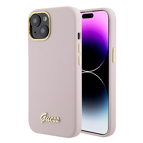 Guess GUHCP15SSMBSLP Coque pour iPhone 15 6,1" Rose Coque Rigide Silicone Script Metal Logo & Frame Rose, X