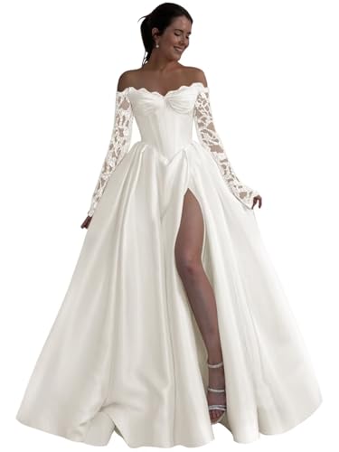 Satin Long Sleeve Prom Dresses for Women A Line Lace Off The Shoulder Formal Ball Gown with Slit
