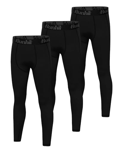 Runhit 3 Pack Boys Compression Leggings,Athletic Tights Basketball Compression Pants,Youth Boys Base Layer Pants Sports Legging Black+Black+Black XS