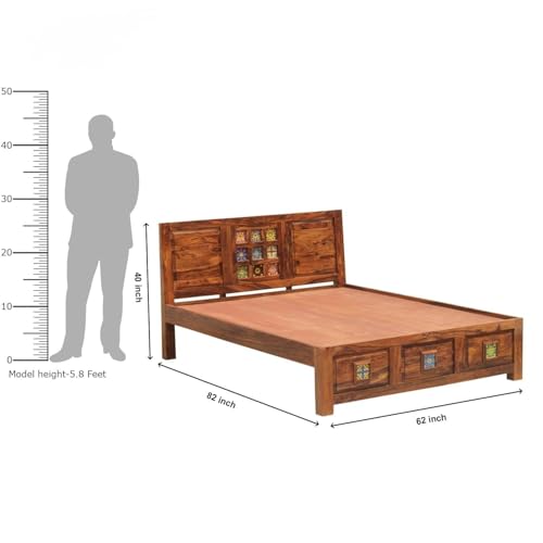Image of Heritage Tile Design Sheesham Wood Queen Size Bed Without Storage (82x62 Inch) | Wooden Double Bed Cot for Bedroom Furniture | Modern Palang Bed | Honey Finish
