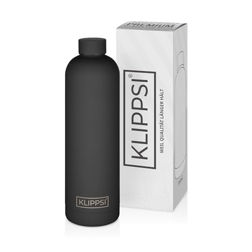 KLIPPSI® Botella de acero inoxidable de 1000 ml, botella térmica aislada, 12 h caliente 24 h frío, a prueba de fugas, duradera, sin BPA, ideal para deportes, escuela, viajes y exteriores (negro-1000)