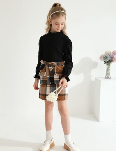 Image of Toddler Girl Clothes Girls Outfits Flare-lace Sleeve Top and Plaid Skirt Dress Fall Winter 2Pcs Girls Clothes 5-12T