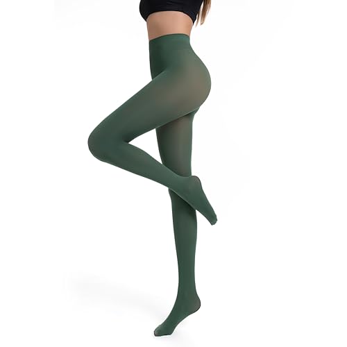 Frola 40D Opaque Tights for Women Soft Silky Solid Color Footed Pantyhose (Medium-Large, Dark Green)