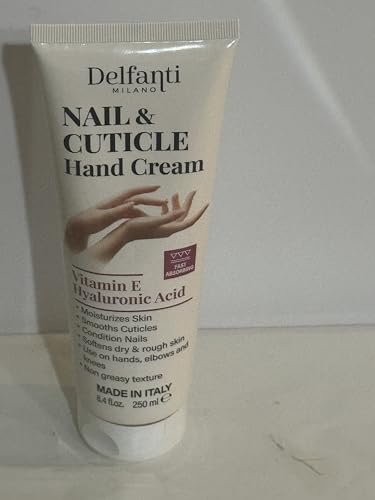 Delfanti Milano Nail and Cuticle Hand Cream with Vitamin E and Hyaluronic Acid, Moisturizing Treatment, 8.4 Fl oz