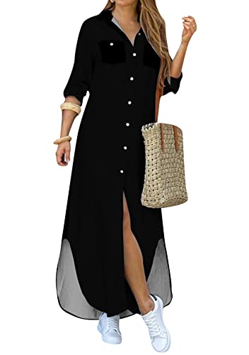 Yming Frauen Reverskragen Blusenkleid Casual Knopf Unten Kleider Langes Hemdkleid Schwarz M