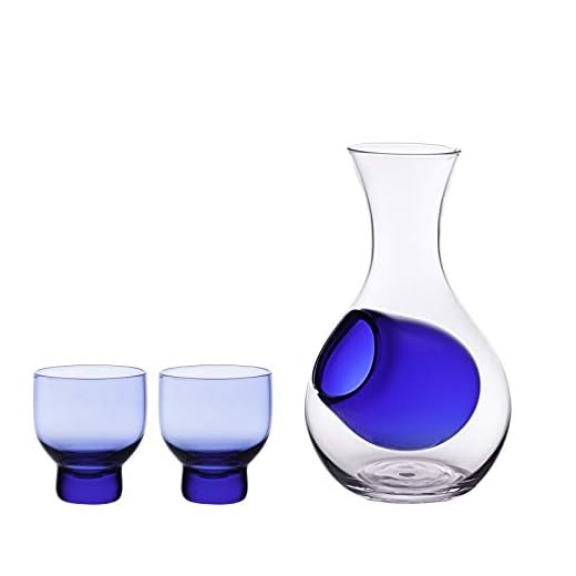 Hinomaru Collection Japanese Cold Sake Glass 9 oz Decanter Bottle with Ice Pocket Two 3 oz Blue Cups Sake Set