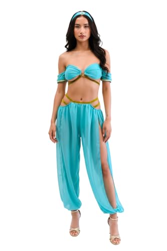 Arabian Princess Costume – Women Blue Genie Outfit with Gold Trim...