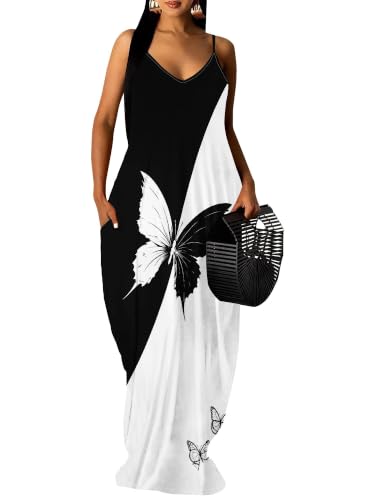 Image of Women's Summer Maxi Dress Spaghetti Strap Floral Boho Beach Long Sundress with Pockets