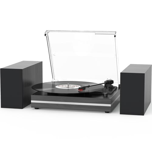 Image of Vinyl Record Player with External Speakers Belt-Drive Turntable for Vinyl Records Dual Stereo Speakers Vintage LP Players Support 3 Speed Wireless Playback AUX Headphone Input Auto Stop Wood Black