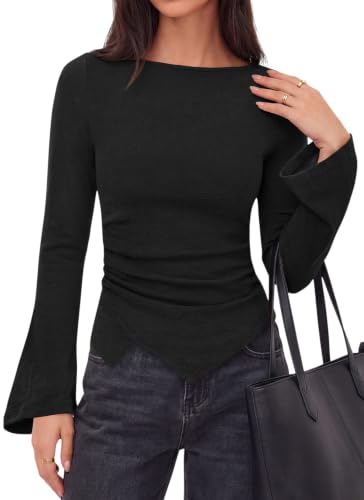Okiwam Womens Bell Long Sleeve Shirts Boat Neck Asymmetrical Tops,Black,L - image 4