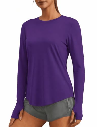 PINSPARK Chemise De Sport pour Femme Douce Et Extensible Anti-UV Séchage Rapide avec Trou pour Le Pouce Chemise De Course Légère Tennis Course À Pied Surf...