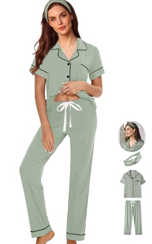 Image of WJing Yi Jia 3Pcs Soft Pajama Sets For Women XS-XXL Womens Pajamas Set Sleepwear Button Down Short Sleeve Long Pants Pj sets