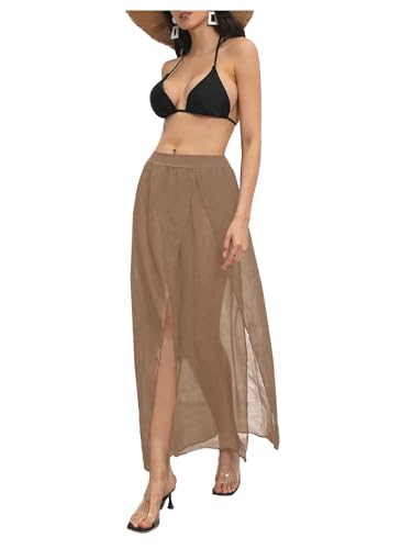SweatyRocks Women's High Waist Split Thigh Cover Up Skirt Sheer Beach Long Skirt Swimwear Khaki Medium
