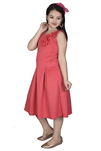 Image of Sky Heights Girl's Cotton A-Line Midi Dress (Scuba Platting Gajri Orange 8 9 Years)