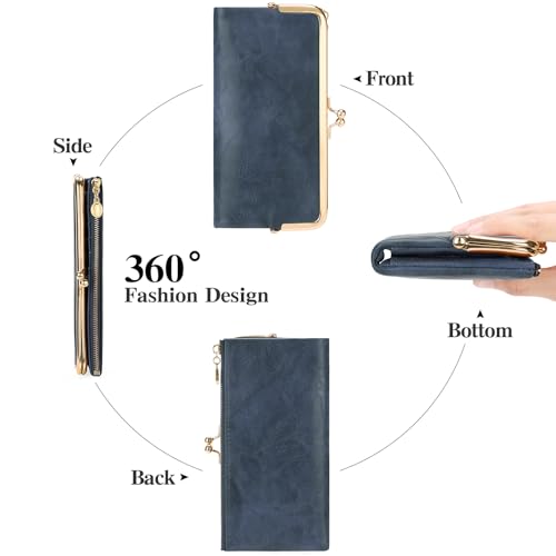 Image of GOIACII Womens Wallet Kiss Lock Bifold Leather Wallets for Women Blue | Vintage Wallet for Women,Ladies Clutch Purse,Women's Card Holder Wallet with Zipper