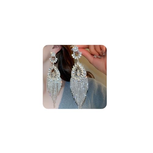 Octwine Vintage Teardrop Rhinestone Earrings for Women - Dangling Stud Chandelier Statement Tassel Silver Sparkly Drop Crystal Long Dangle Costume Jewelry