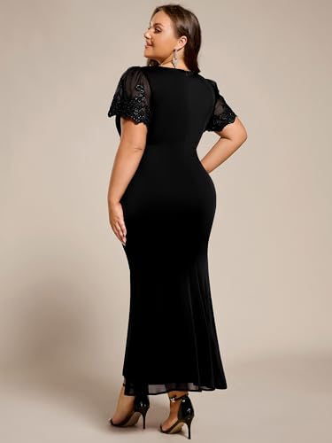 Image of Ever-Pretty Women's High Stretch V Neck Short Sleeves Chiffon Bodycon Maxi Plus Size Mother of The Bride Dresses Black US18