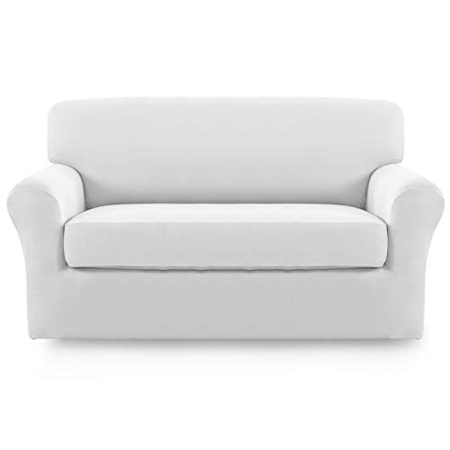 Image of Easy-Going 2 Pieces Stretch Loveseat Couch Sofa Slipcover Washable | Spandex Soft Fitted Sofa Couch Cover for Sofa Furniture Protector with Bottom Kids,Pet Dog Snow white