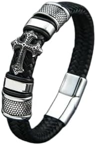 New Fashion Men's Christian Cross Double Row Genuine Leather Bracelet, Braided Cuff Bracelet for Men, Men accessory