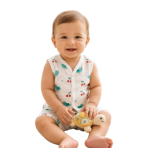 Hivaa Fashion Pure Muslin Baby Jabla Set for Newborn Baby Boys & Girls | 100% Cotton Muslin Front Open Shirt & Shorts | Soft Breathable Summer Wear | Birds Print | White-image-40